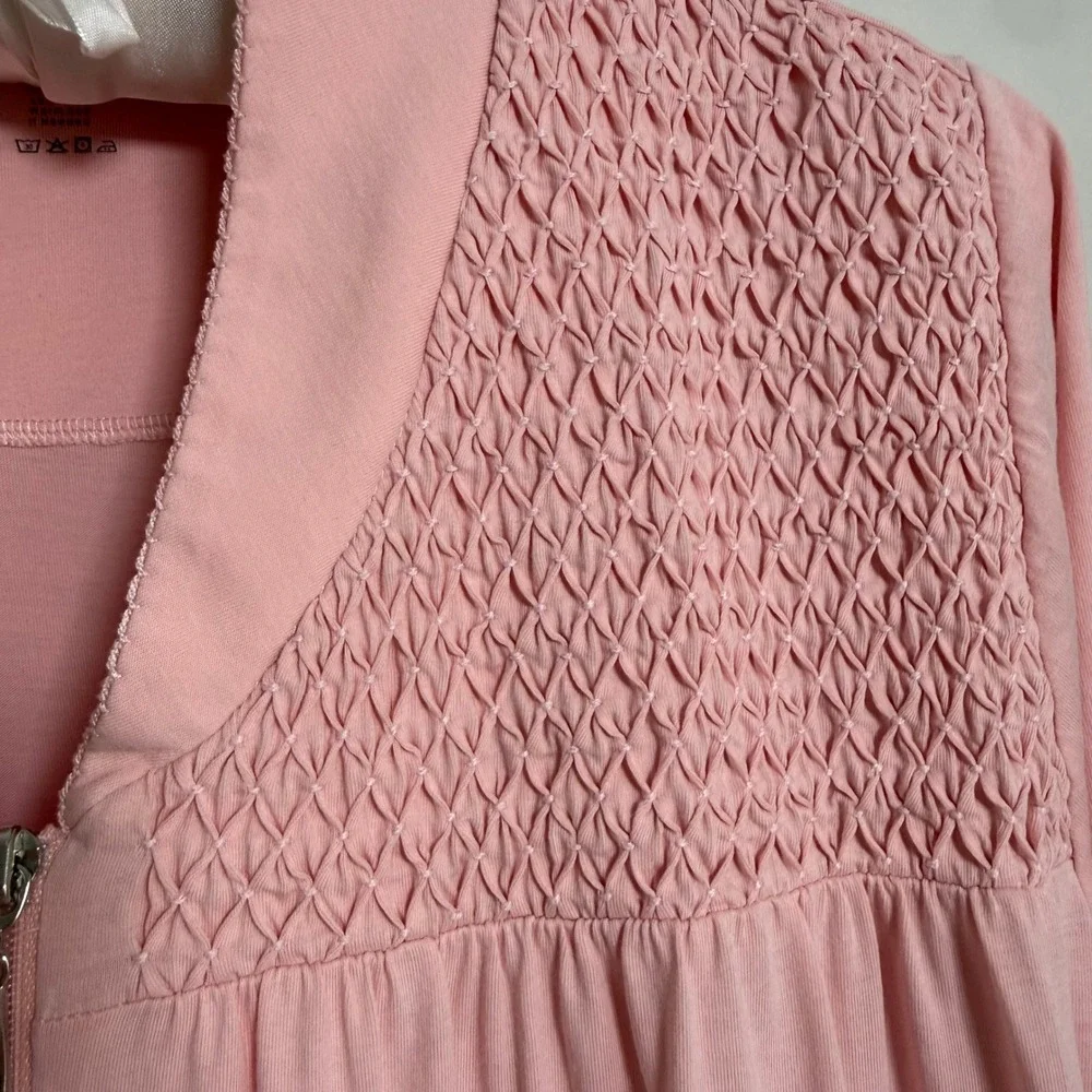 Cuddledown 100% Pima Cotton Smocked Zip Front Long Robe Housecoat Large Pockets